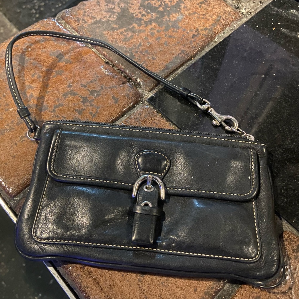 Coach Black Leather Wristlet with Buckle Detail